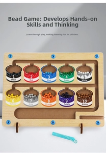 Close-up of wooden magnetic maze board showing 10 color buckets and beads for motor skills