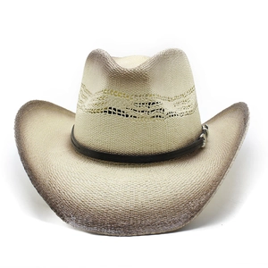 Classic woven straw cowboy hat with gradient brim and decorative black leather band
