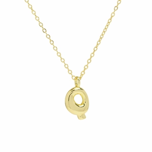 Polished 18k gold plated balloon bubble initial Q pendant on a fine link chain necklace