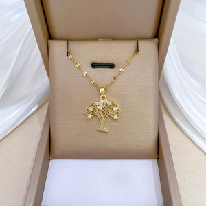 Tree Of Life Pendant Necklace Stainless Steel Chain And Copper Rhinestone Jewelry For Women Sparkling Elegant Gift