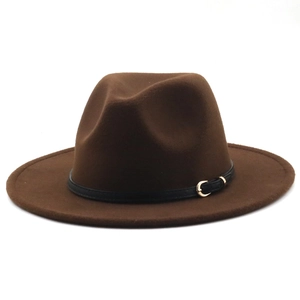 Detailed close-up of a brown wool fedora hat featuring a black leather band and metal buckle