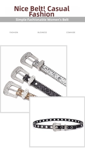 Detail of glitter sequins and rhinestone studs on genuine cowhide leather belt for women