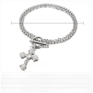 Detail view of double-layer steel bracelet with cross rose pendant and OT buckle size specs