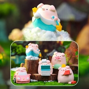 Close-up of five cute piglet figurines including one hidden style in a miniature garden