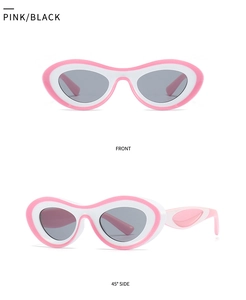 Dual-tone cat-eye sunglasses in pink and white with grey lenses from multiple angles