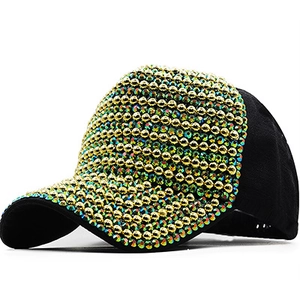 Detailed view of baseball cap featuring colorful AB rhinestones and gold beads