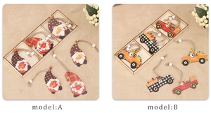 Detailed view of 6-piece wooden harvest gnomes and truck ornaments with rustic beads