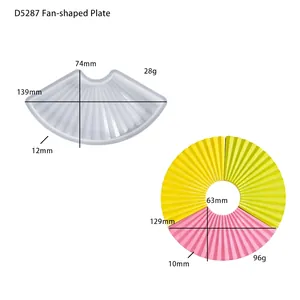 Detailed view of fan-shaped silicone mold with colorful DIY resin plates and dimensions