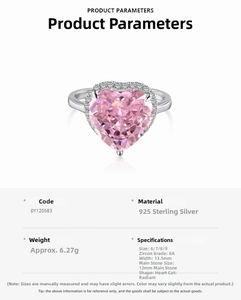 Spécifications détaillées de la bague en argent 925 avec cœur rose et zircon 8A