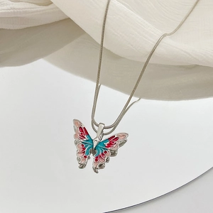 Pink and blue butterfly pendant necklace with elegant silver snake chain for women