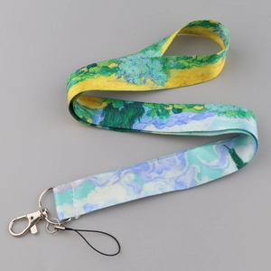 Close-up of Van Gogh oil painting style lanyard with a sturdy metal lobster clasp