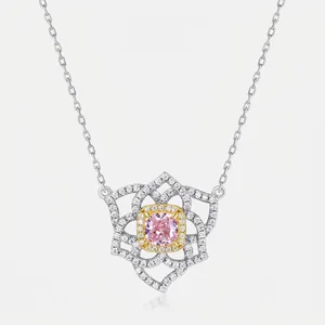925 Sterling Silver Pink Flower Pendant Necklace For Women Elegant Double Tone Floral Rhinestone Inlaid Jewelry Gift