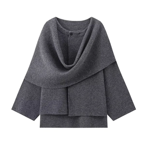 Deep grey knit shawl collar jacket with asymmetric wrap design on white background