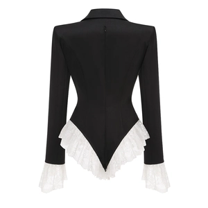 Back view of sexy V-neck slim bodysuit featuring white lace splicing on black sleeves