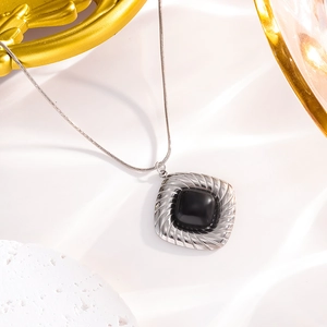 Retro stainless steel necklace with square black onyx pendant and silver twisted rope texture
