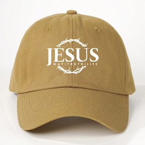 Close-up of JESUS printed khaki baseball cap showing high-density cotton twill fabric details