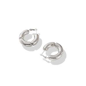 Minimalist silver chunky hollow bamboo joint C-shape hoop earrings in high-polished finish