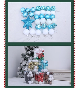 Assorted colorful Christmas tree ornaments including spheres and stars in gift boxes