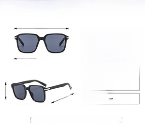 Detailed size chart for square frame sunglasses with frame and lens dimensions in mm