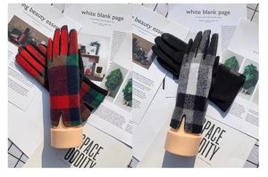 Close-up of winter plaid gloves with plum blossom embroidery and touch screen function