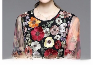 Détail de la broderie florale 3D colorée sur robe en mesh noir à manches transparentes