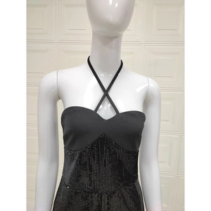 Chic black sequin halter neck dress with crisscross neckline and slim fit for women