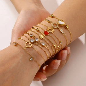 Bracelet En Acier Inoxydable Plaque Or Zircone Cubique Réglable Pendentif Coeur Soleil Bijoux Pour Femmes