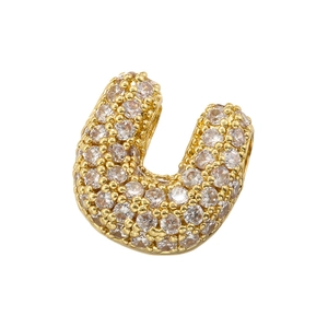 Detailed macro shot of 5A cubic zirconia pavé setting on a gold U-letter pendant charm