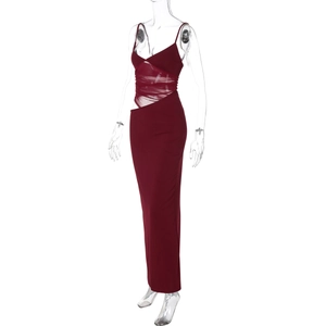 Detail view of the wine red sheer mesh splicing and side slit on the elegant bodycon dress