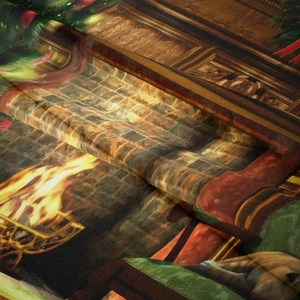 Nahaufnahme von weichem Weihnachtswandteppich mit detailliertem Kamin- und Baumdruck