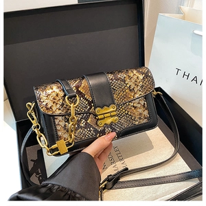 Detail of snake pattern crossbody bag with gold buckle and chain strap in gift packaging