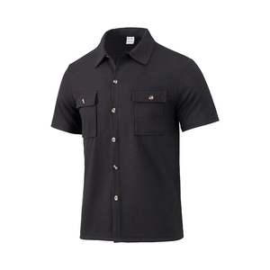 Close-up of black waffle knit fabric texture on men's short sleeve casual button shirt