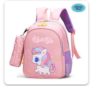 Detail of pink unicorn kids backpack with detachable side pouch and breathable mesh straps