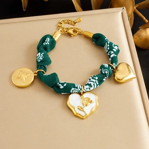French Retro Printed Fabric Bracelet Gold Plated Stainless Steel Chain Heart Flower Pendants Vintage Jewelry Women