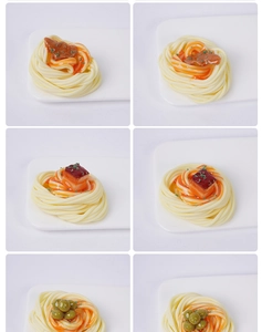 Vue détaillée de modèles de spaghettis artificiels avec diverses garnitures et textures