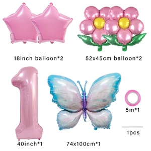6-piece pink butterfly and number 1 foil balloon set for birthday party decorations