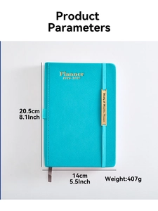 Detailed product dimensions and 407g weight of the blue 2026-2027 faux leather planner