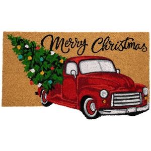 Detail of durable Christmas coir doormat with Merry Christmas text and festive truck
