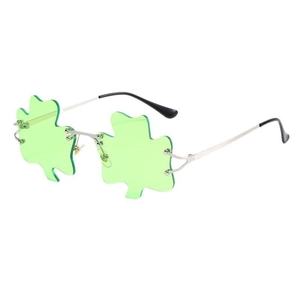 Green shamrock shaped sunglasses with slim silver metal frames for festive parties