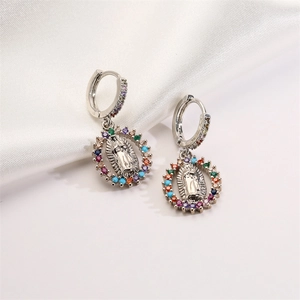 Silver huggie earrings featuring Virgin Mary charms with colorful cubic zirconia halo