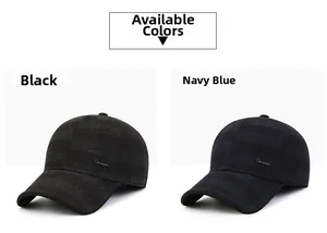 Detail view of winter plaid baseball caps in black and navy with metal logo side detail