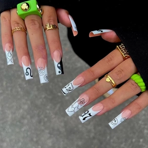 Long Coffin Press On Nails Black And White Patterned French Style Sweet Cool DIY Manicure Set For Women Fashionable Hand Decoration