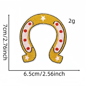 Size chart for horseshoe embroidery patch measuring 7cm by 6.5cm for cowboy boots