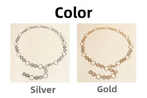 Close-up of interlocking hollow circles on adjustable gold and silver metal chain belts