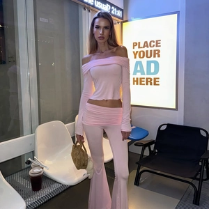 Damen Sexy Schulterfrei Raffung Langarm Top Und Schlaghose Set Einfarbig Polyester Streetwear Party Outfit
