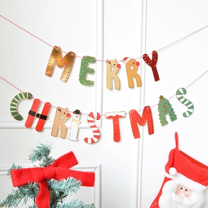 Festive Merry Christmas letter banner with Santa and reindeer motifs for wall decoration