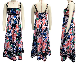 Front, back, and side views of a colorful printed maxi dress with ruffle straps