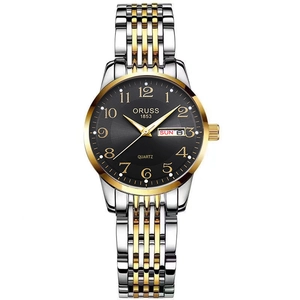 Fashionable quartz watch with two-tone steel band and black dial for women