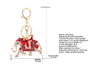 Detailed size specifications of the rhinestone running elephant keychain with measurements