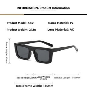 Close-up of black square sunglasses with detailed dimensions and PC frame specifications